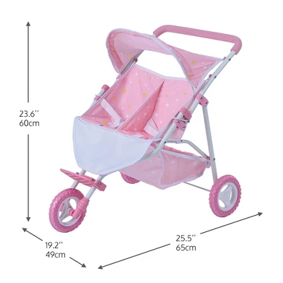 Olivia's Little World Double Twin Baby Doll Pram Stroller Pink Stars OL-00012 - Image 6