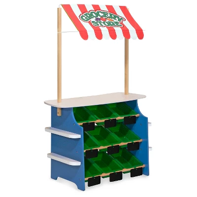 Melissa & Doug Wooden Grocery Store And Lemonade Stand - Reversible Awning, 9 Bins, Chalkboards - Image 3