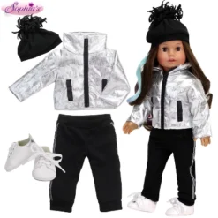 Sophia’s Silver Metallic Jacket, Black Side Stripe Joggers, Sneakers, & Hat For 18” Dolls, Silver/Black