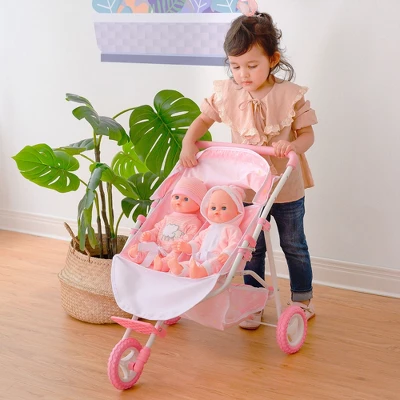 Olivia's Little World Double Twin Baby Doll Pram Stroller Pink Stars OL-00012 - Image 11