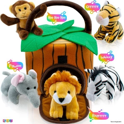 Baby Plush Talking Stuffed Animals Jungle 6 Pcs Set With Carrier For Kids Includes Jungle House, Elephant, Tiger, Lion, Zebra, And Monkey - Play22usa - Image 2