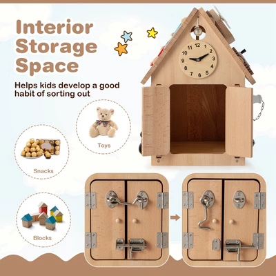 Costway Wooden Busy House Montessori Toy With Sensory Games & Interior Storage Space - Image 5