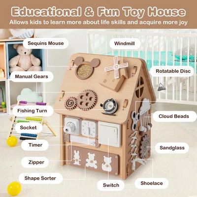 Costway Wooden Busy House Montessori Toy With Sensory Games & Interior Storage Space - Image 7