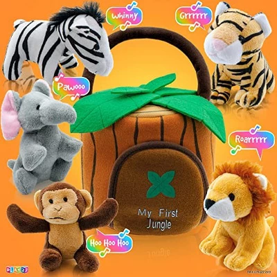 Baby Plush Talking Stuffed Animals Jungle 6 Pcs Set With Carrier For Kids Includes Jungle House, Elephant, Tiger, Lion, Zebra, And Monkey - Play22usa - Image 5