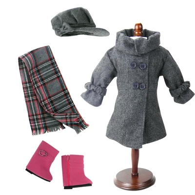 Sophia's - 18" Doll - Wool Coat, Hat, Plaid Scarf & Pink Boots - Gray - Image 2
