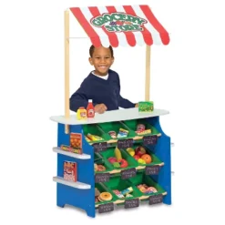 Melissa & Doug Wooden Grocery Store And Lemonade Stand - Reversible Awning, 9 Bins, Chalkboards