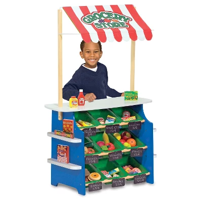 Melissa & Doug Wooden Grocery Store And Lemonade Stand - Reversible Awning, 9 Bins, Chalkboards