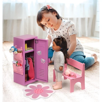Badger Basket School Style Single Doll Locker Set With Bench, Rug And Accessories - Purple/Pink - Image 2