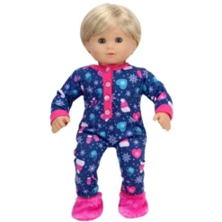 Sophia’s Hot Cocoa Pajama Onesie With Fuzzy Slippers For 15” Baby Dolls, Navy/Hot Pink