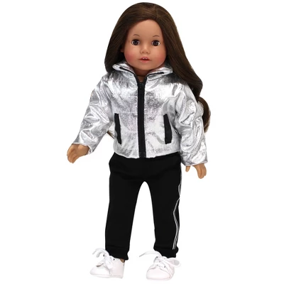 Sophia’s Silver Metallic Jacket, Black Side Stripe Joggers, Sneakers, & Hat For 18” Dolls, Silver/Black - Image 3