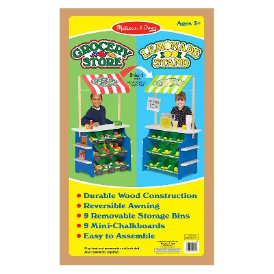 Melissa & Doug Wooden Grocery Store And Lemonade Stand - Reversible Awning, 9 Bins, Chalkboards - Image 5