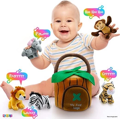 Baby Plush Talking Stuffed Animals Jungle 6 Pcs Set With Carrier For Kids Includes Jungle House, Elephant, Tiger, Lion, Zebra, And Monkey - Play22usa - Image 3
