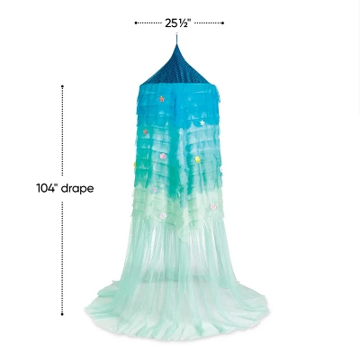 HearthSong Mermaid Blue Scalloped Gauze Canopy With LED Lights And Decorative Applique And Cute Shells And Starfish - Image 2