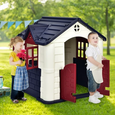 Costway Kid's Playhouse Games Cottage W/ 7 PCS Toy Set & Waterproof Cover - Image 3