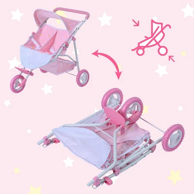 Olivia's Little World Double Twin Baby Doll Pram Stroller Pink Stars OL-00012 - Image 3