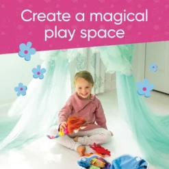 HearthSong Mermaid Blue Scalloped Gauze Canopy With LED Lights And Decorative Applique And Cute Shells And Starfish