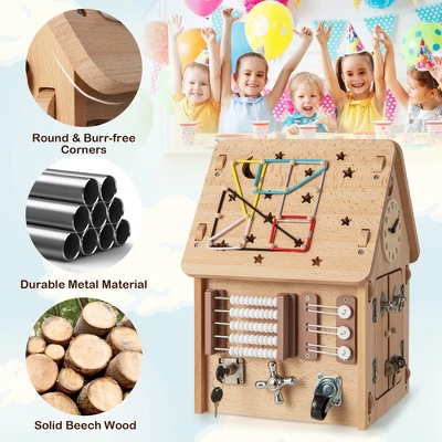 Costway Wooden Busy House Montessori Toy With Sensory Games & Interior Storage Space - Image 8