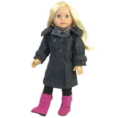 Sophia's - 18" Doll - Wool Coat, Hat, Plaid Scarf & Pink Boots - Gray - Image 4