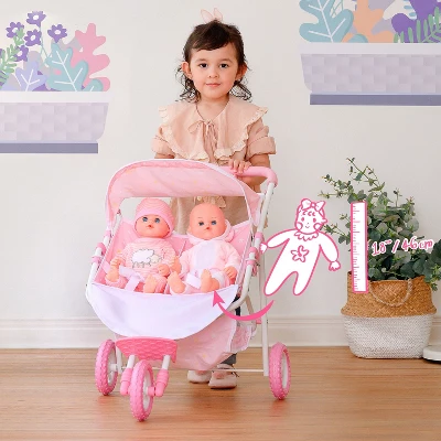Olivia's Little World Double Twin Baby Doll Pram Stroller Pink Stars OL-00012 - Image 4