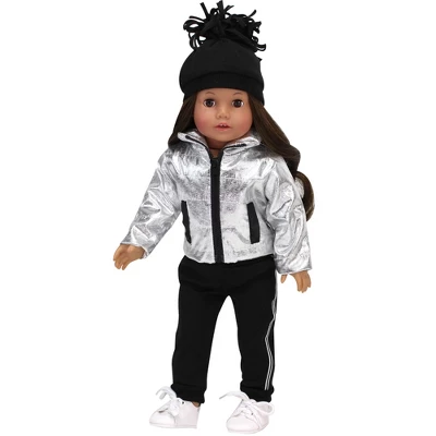 Sophia’s Silver Metallic Jacket, Black Side Stripe Joggers, Sneakers, & Hat For 18” Dolls, Silver/Black - Image 2