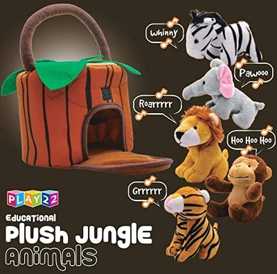 Baby Plush Talking Stuffed Animals Jungle 6 Pcs Set With Carrier For Kids Includes Jungle House, Elephant, Tiger, Lion, Zebra, And Monkey - Play22usa - Image 6