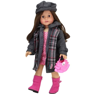 Sophia's - 18" Doll - Wool Coat, Hat, Plaid Scarf & Pink Boots - Gray - Image 3